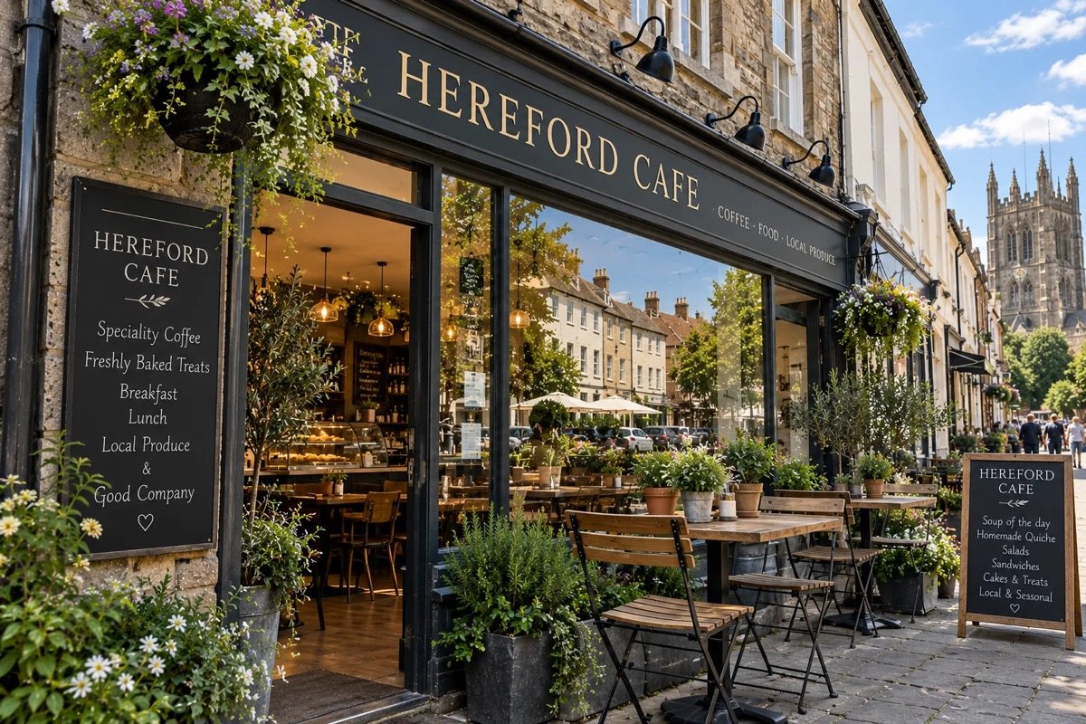 Hereford café shopfront with flower baskets and outdoor seating, photographed for a local business