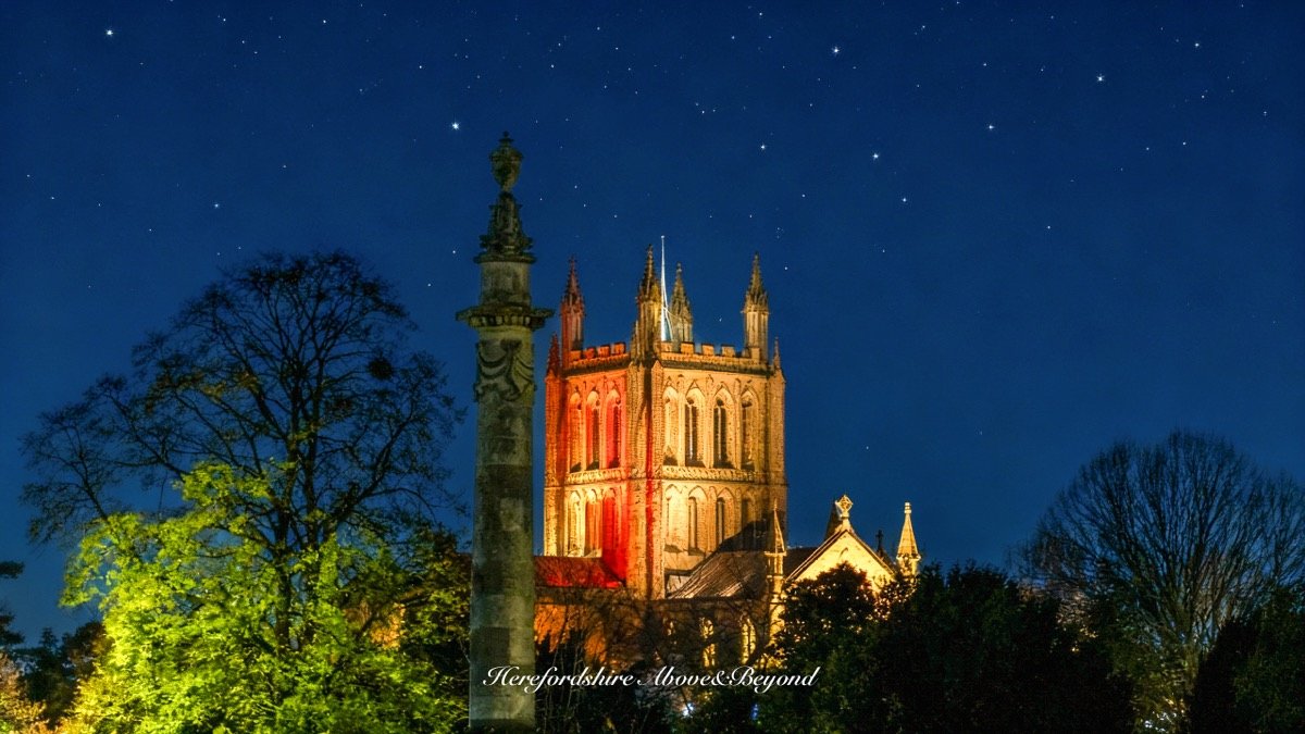 Hereford Cathedral tower under a starry sky
