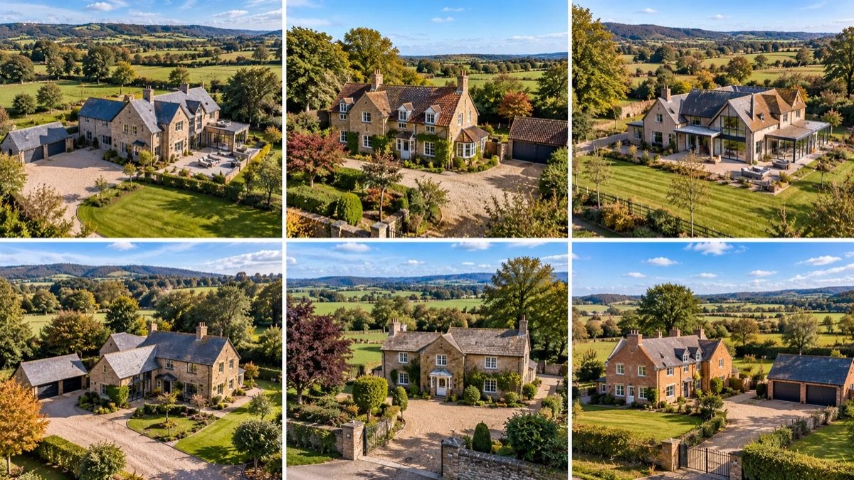 Six aerial photographs of stone and brick country houses with gardens and gravel drives in rolling countryside