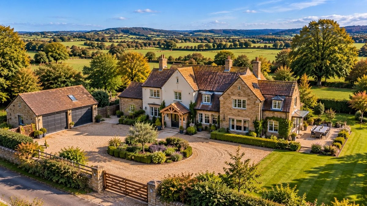 Aerial view of a stone country house with a circular gravel drive, garage and gardens in open countryside