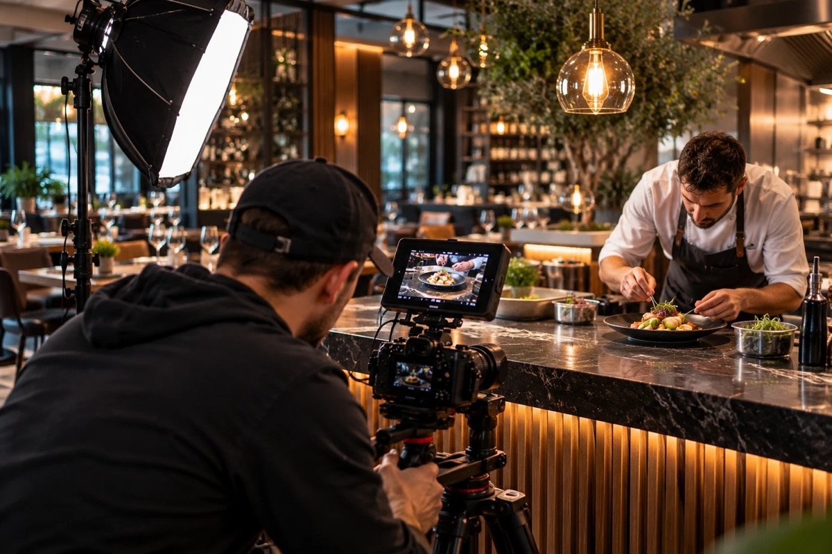 Videographer filming a chef plating a dish in a restaurant, with a softbox light and a camera on a gimbal